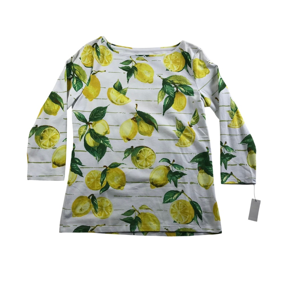 Talbots Womens Small Lemon Print Boatneck 3/4 Sleeve Tee White Yellow 387339